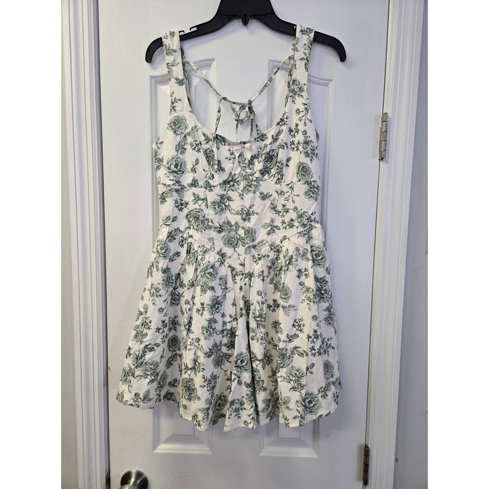 Francescas Green White Floral Toile Tie Back Mini Dress S Cottagecore Shabby Chi